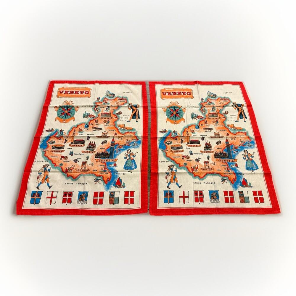 Lot Of 2 Vtg Veneto Emilia Romagna Map Cities Cotton Kitchen Tea Towel 23"x 30"